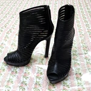 Prada 💎 Sexy Mesh Straps Booties Black Heeled Chunky Platform Ankle Boots 37 7